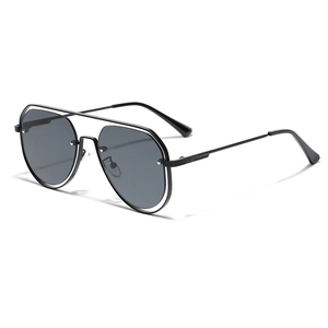 Classic aviator sunglasses with black metal frame and dark grey polarized lenses