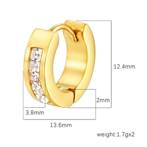 Polished gold stainless steel hoop earrings with round zircon stones and dimensions