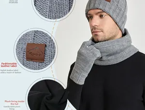 Detail of gray winter knit set showing soft fleece lining and mountain sport leather patch