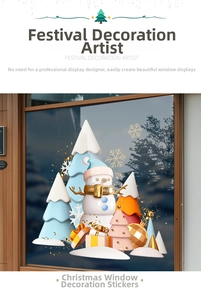 Detail view of 3D cartoon Christmas tree and snowman static stickers on glass window