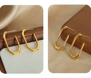 Detailed views of polished U-shaped 18k gold geometric earrings from multiple angles