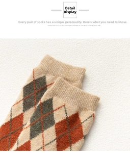 Close-up of retro argyle knit socks with ribbed cuffs and warm wool texture details
