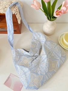 Light blue embroidered butterfly shoulder bag for women with large capacity and floral decor