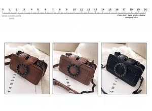Detailed comparison of brown, pink, and black crossbody bags with rivet ring decor
