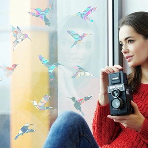 Rainbow prism hummingbird window clings with geometric laser effect on glass surface