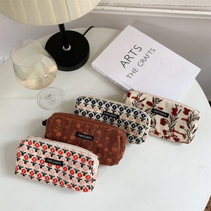Retro Corduroy Pencil Case Floral Checkered Canvas Large Capacity Makeup Storage Bag Zipper Stationery Organizer Students