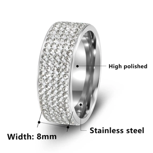 High polished 8mm stainless steel ring featuring five rows of clear pavé zircon stones