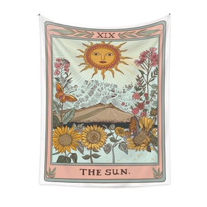Bohemian tarot card tapestry featuring The Sun XIX design in vintage illustration style