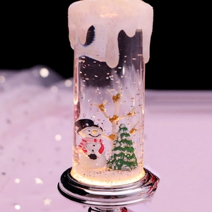 Macro detail of snowman and Christmas tree inside a glowing silver base glitter globe