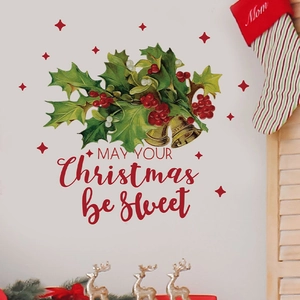 Christmas Wall Stickers PVC Waterproof Self Adhesive Festive Holly Berry Bell Window Decals For Holiday Party Home Decor