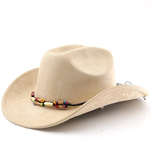 Detail of beige suede cowboy hat with ethnic colorful beaded band and curved brim