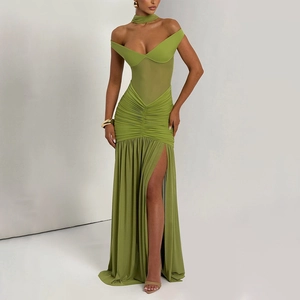 Sexy green strapless maxi dress with sheer mesh, ruched details and a high side slit