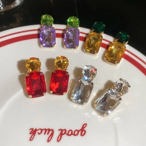 Elegant rectangular crystal stud earrings with silver pins in four assorted color combinations