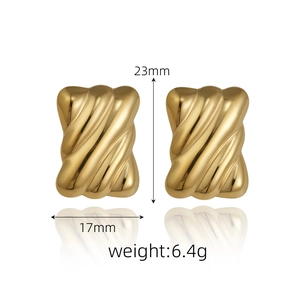 Detailed size view of golden wave textured square earrings measuring 23mm by 17mm