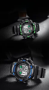 Macro shot of digital sport watch display with 30M water resistance and backlight details