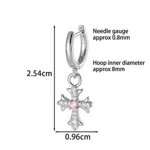 Silver cross hoop earring with pink zircon, detailed size specs 2.54cm by 0.96cm