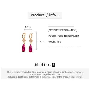 Detail specifications of vintage flower drop earrings with rose red crystals and rhinestones