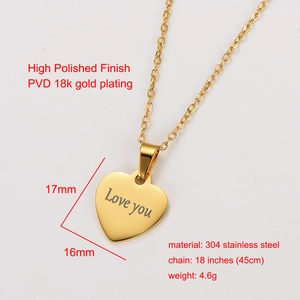 Detail showing 18k gold plated stainless steel heart necklace with Love You engraving