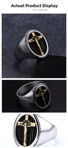 Detailed views of a men's vintage stainless steel ring with a golden cross on black stripes