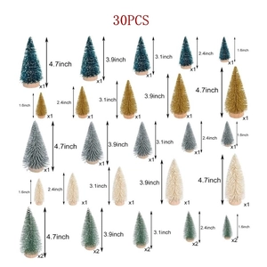 Detailed size chart for 30PCS mini Christmas trees in blue-green and gold with wood base