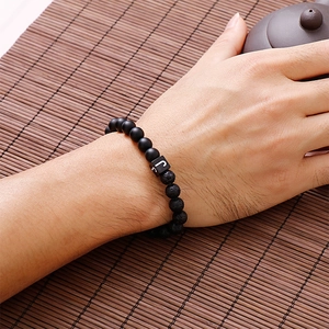Men's matte onyx and lava stone beaded bracelet with letter J stainless steel charm
