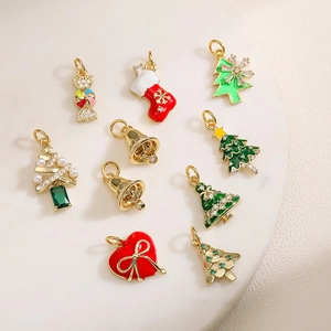 Copper Christmas Pendants Enamel Zircon Rhinestone Artificial Pearl Charms For Jewelry Making Sweet Cute Tree Bell Stocking Candy Heart