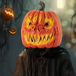 Realistic orange Halloween pumpkin mask worn by a model in a spooky forest setting