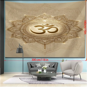 Detail of extra large gold mandala wall tapestry showing 300x180cm dimensions for bedroom