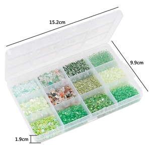 12-grid organizer box with assorted nail art beads and sequins, 15.2x9.9x1.9cm dimensions