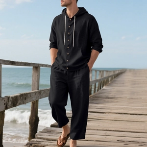 Men's casual black linen set with long sleeve hooded shirt and loose beach trousers