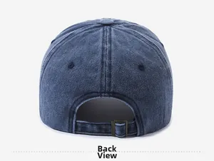 Detail view of the back of a washed blue denim baseball cap with metal buckle strap