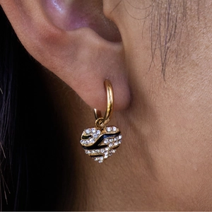 Luxe gold titanium steel heart drop earrings with white rhinestones and zebra enamel