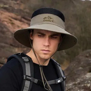 Outdoor breathable khaki sun hat with black mesh crown and wide brim for hiking