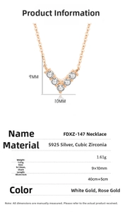 Detailed S925 sterling silver V-shape necklace specifications with cubic zirconia stones