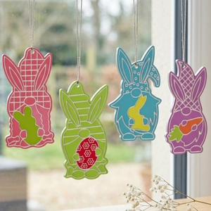 Four Easter gnome pendants with rabbit ears in pastel colors for festive DIY hanging decor