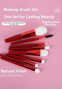 Detailed top view of 8-piece mini red makeup brush set on pink background