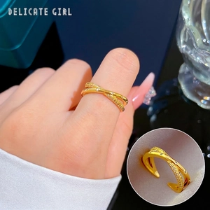 Gold Plated Brass Cross Ring For Women With Sparkling Zirconia Minimalist Adjustable Open Band Finger Jewelry
