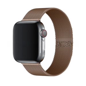 Detailed side view of dark bronze Milanese Loop metal band for Apple Watch