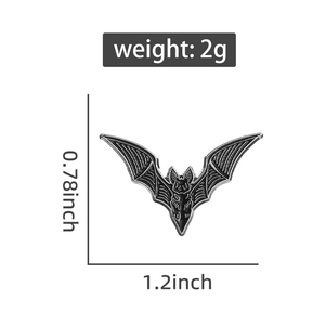 Detailed dimension guide for black bat brooch showing size 1.2x0.78 inches and 2g weight