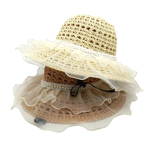 Lace straw sun hat with pearl ribbon decoration in cream and beige for summer