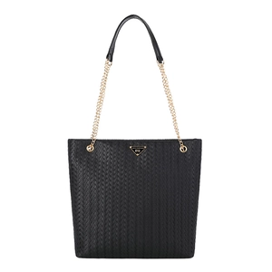 Black woven texture tote bag with metal chain strap and decorative triangle metal plate
