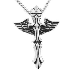 Retro punk titanium steel angel sword pendant with wings and crown on box chain