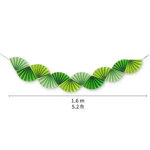 Green accordion pleated paper fan garland for party decor, 1.6m length, gradient waves