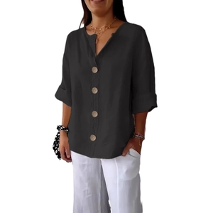 T-shirt da donna in cotone e lino grigio scuro con scollo a V e bottoni grandi