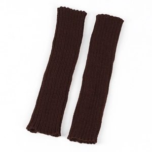 Close-up of deep brown ribbed knit long fingerless gloves with vertical striped texture
