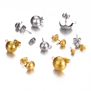 Golden and silver stainless steel ball stud earring posts with butterfly backs DIY findings