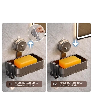Space aluminum suction cup soap dish with hooks and transparent grey drainage box