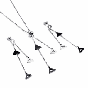 Silver stainless steel jewelry set with geometric triangle pendants and tassels