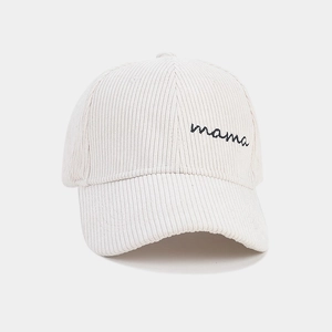Close-up of the mama cursive embroidery and corduroy fabric texture on the baseball cap
