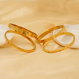 Luxury Stainless Steel Bangle Bracelet 18K Gold Plated Zircon Rhinestone Geometric Clover Greek Key Jewelry For Women